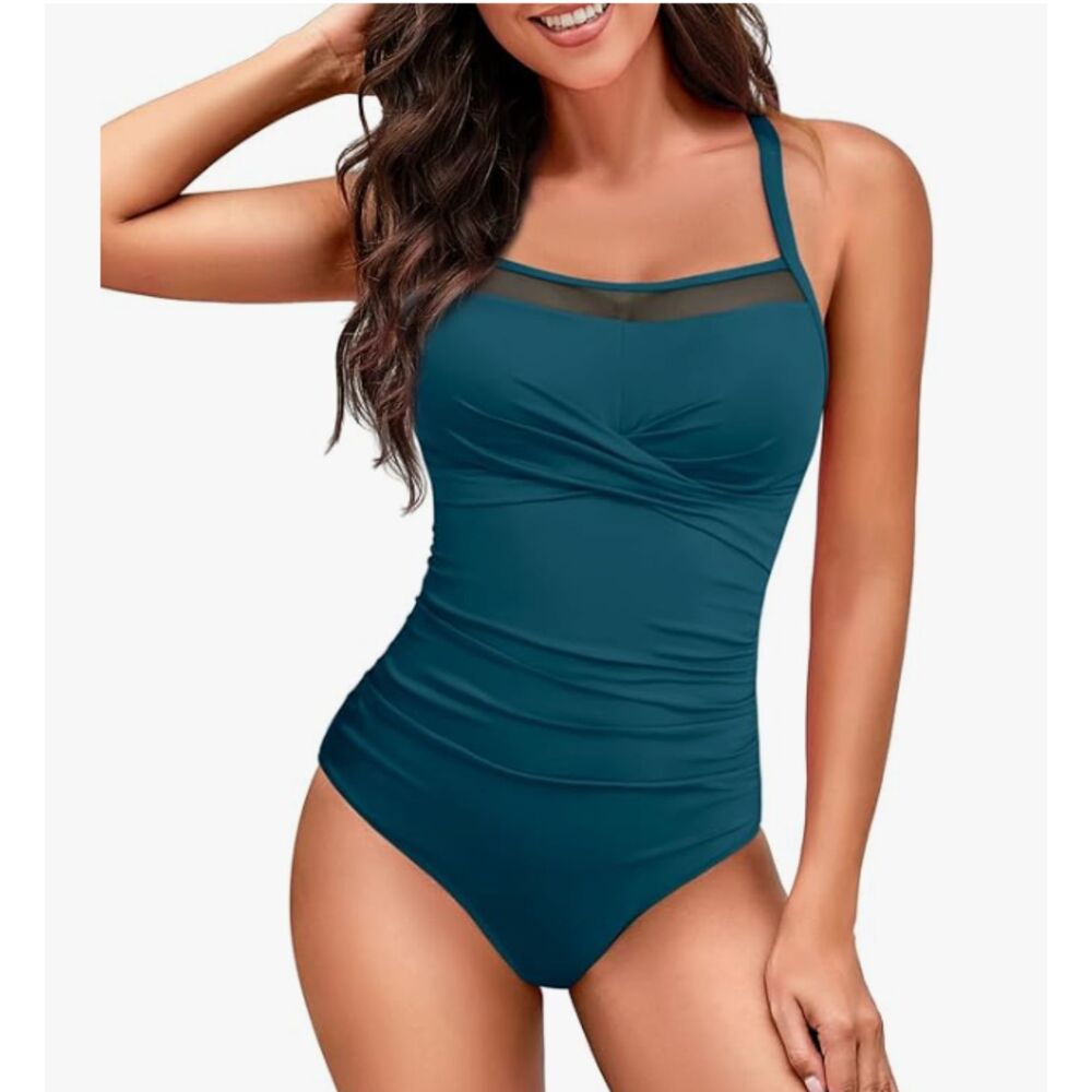 NEW Heytalala Teal One Piece Swimsuit Large Mesh Panel Adjustable Straps NWT